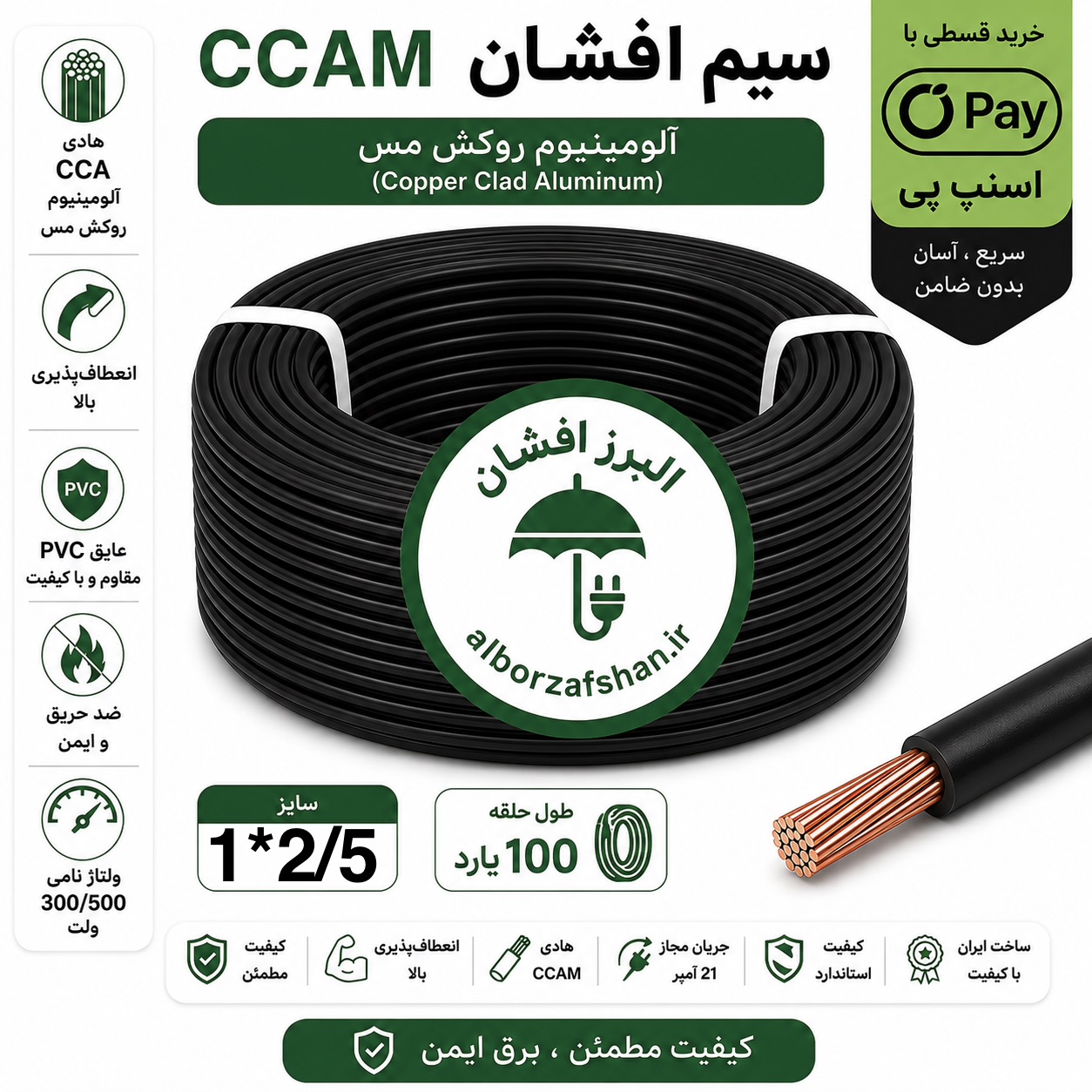 سیم برق البرز افشان  1 در 2.5  رنگ مشکی